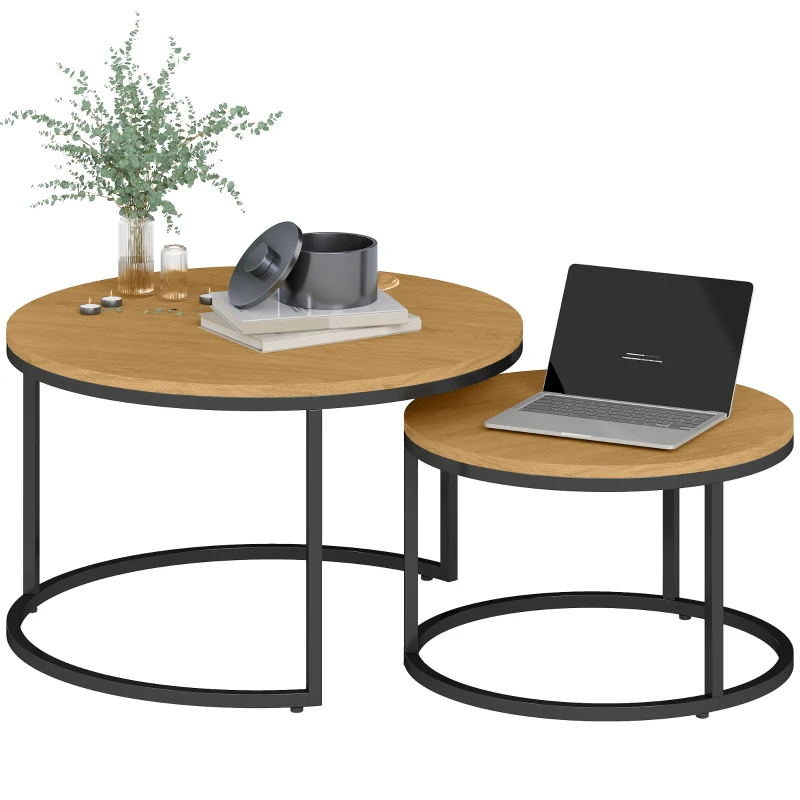 HOMCOM Lot de 2 tables basses gigognes empilable design industriel plateau imitation ciment pieds en métal marron
