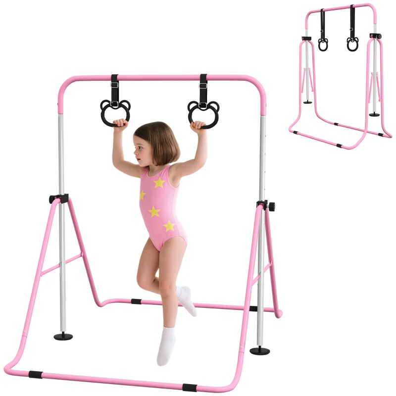 HOMCOM Barra de Gimnasia para Niños con Altura Ajustable en 5 Niveles y Anillos Entrenamiento de Gimnasia Plegable en Casa Rosa