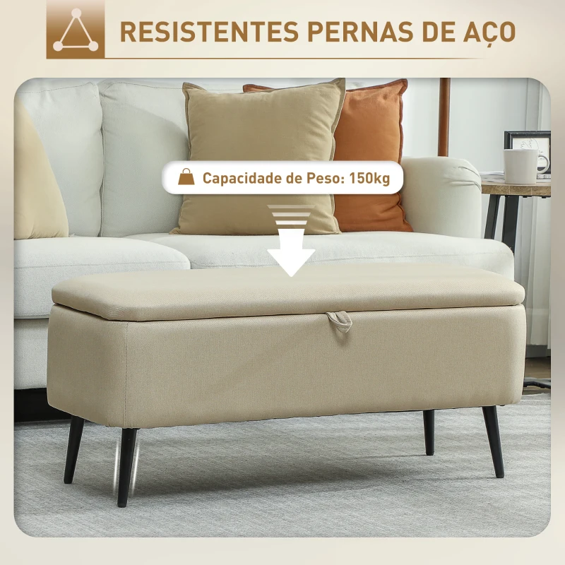 HOMCOM Banco de Armazenamento Estofado em Linho com Tampa Abatível e Pés de Aço Carga Máxima 150kg 101x38,5x44,5 cm Bege