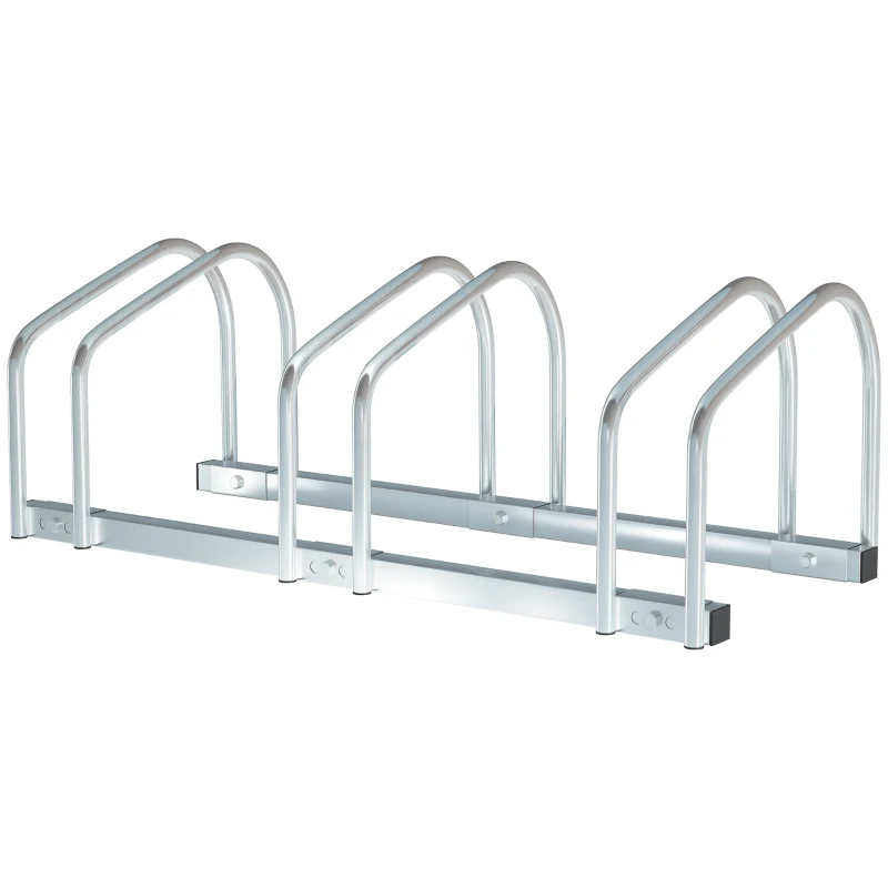 HOMCOM Rastrelliera Biciclette da Pavimento o Parete, Portabici da Terra per 3 Biciclette in Acciaio, Ruote Fino 55 mm, 70.5x33x27 cm, Argento