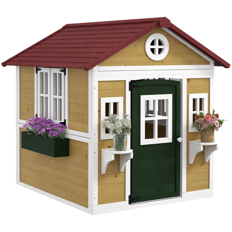 Outsunny Casa de Madeira para Crianças Casa de Brincar Infantil para Jardim com Porta Janelas e Floreiras 114x126,5x135 cm Multicor