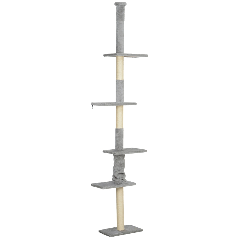 PawHut Árbol para Gatos de Suelo a Techo 225-275 cm Torre para Gatos con Múltiples Plataformas Sistema de Antivuelco Gris Claro