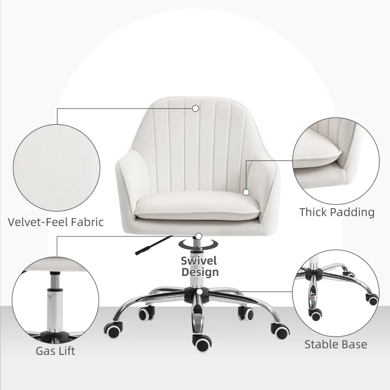 HOMCOM Velvet-Feel Office Chair with Adjustable Height and Wheels - Cream White