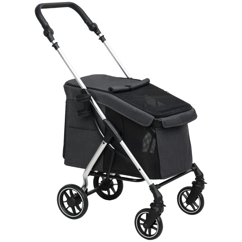 PawHut Poussette pour chien 4 roues légère et pliable, coussin lavable, laisse de sécurité, fenêtre à mailles multiples, gris