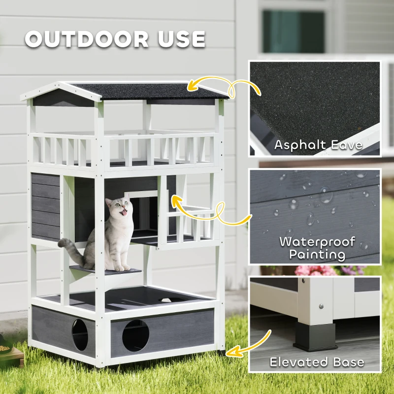 PawHut Wooden Outdoor Cat House, 3-Tier Cat Shelter with Tilted Roof, Terrace, Jump Step, Bottom Tray and Elevated Base, Waterproof Paint, Grey