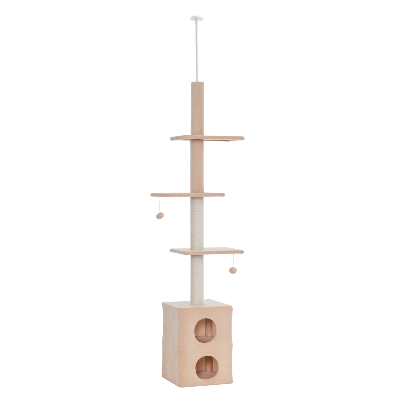 PawHut Tiragraffi a Soffitto Multilivello 220-245cm Palestra per Gatti con Cucce, Piattaforme e Corde in Juta, Giallo