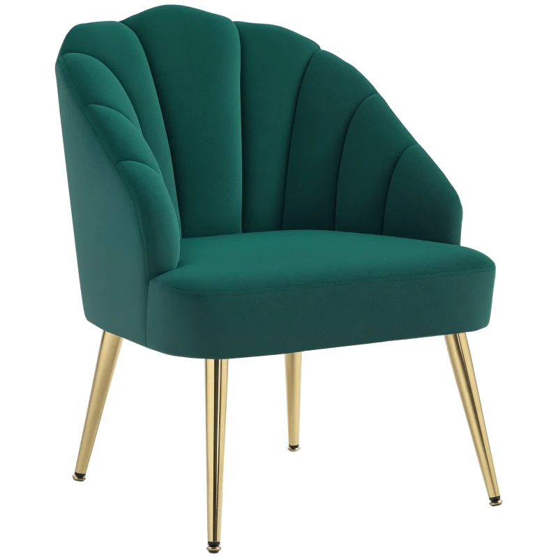 HOMCOM Poltroncina da Camera e Salotto a Conchiglia Stile Art Deco, in Tessuto Vellutato e Acciaio, 63x65x84 cm, Verde