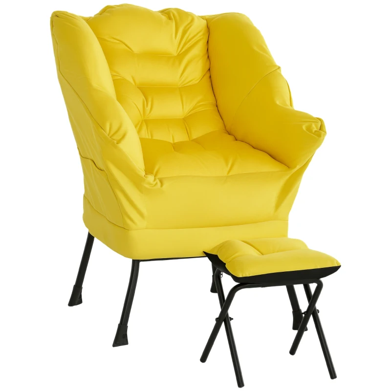 HOMCOM Poltrona Sala de Estar com Apoio para os Pés Poltrona Relax para Leitura com Bolsos Laterais 80x78x100 cm Amarelo