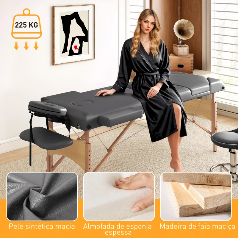 HOMCOM Marquesa de Massagem Dobrável Portátil com Altura Ajustável Apoio de Cabeça Apoios de Braço Acolchoados 215x60x64-89 cm Cinza