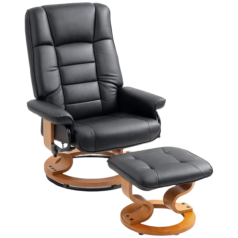 HOMCOM Fauteuil de relaxation inclinable avec repose-pied, pivotant, cadre en bois , revêtement synthétique noir