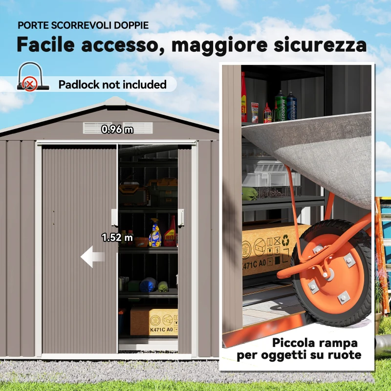 Outsunny Casetta da Giardino Porta Utensili in Lamiera con Porte Scorrevoli, 213x130x185 cm, Grigio