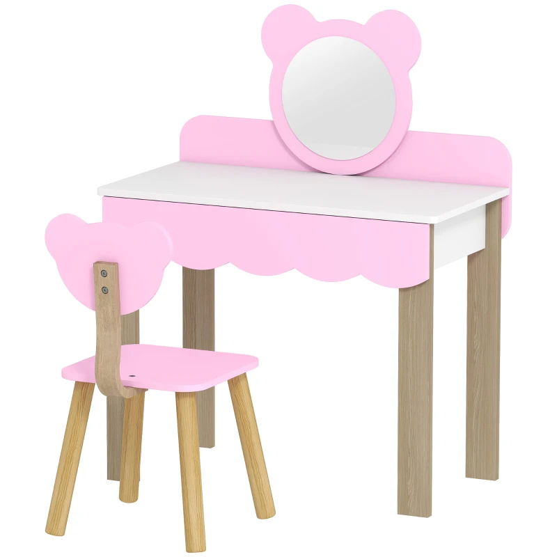 AIYAPLAY Ensemble de coiffeuse avec tabouret pour enfants, miroir de maquillage, forme d'ours, tiroir, MDF, Rose
