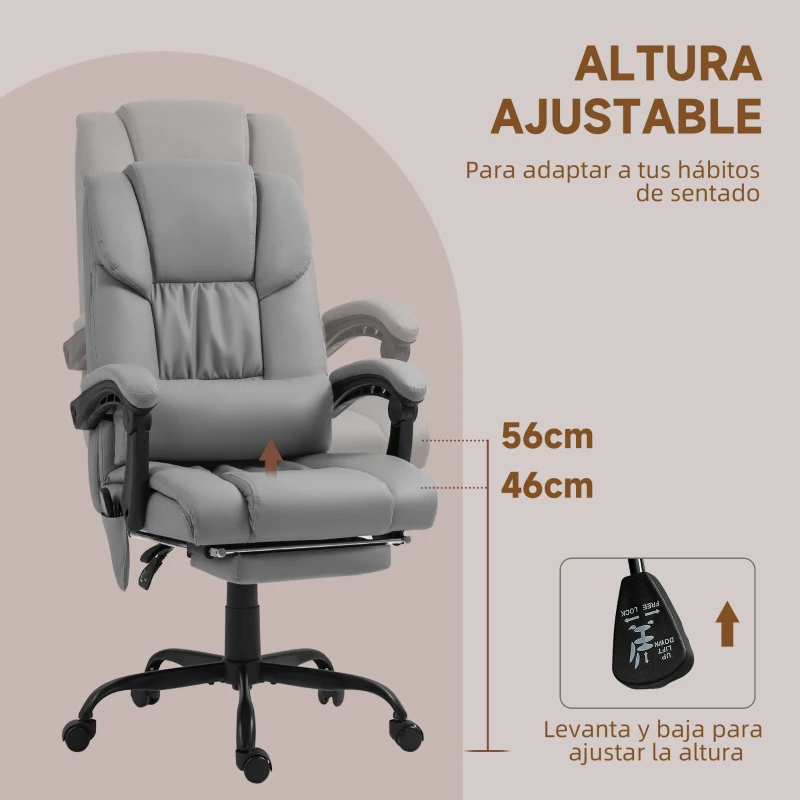 Vinsetto Silla de Oficina con Masaje de 6 Puntos Respaldo Alto Reclinable Altura Ajustable Reposapiés y Mando a Distancia Gris