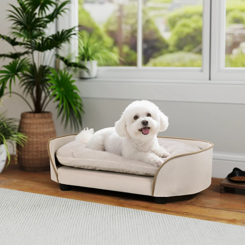 PawHut Canapé pour chien canapé pour animal de compagnie avec coussin amovible et housse lavable 66 x 43 x 19,5 cm beige
