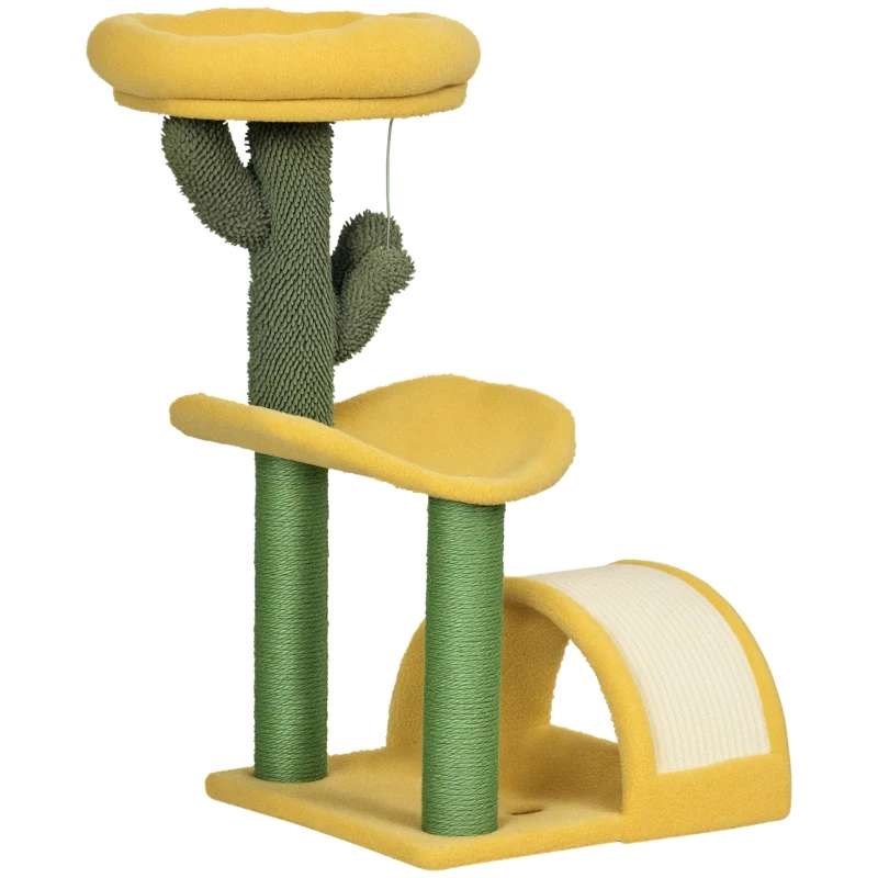 PawHut Rascador para Gatos de 72 cm con Cama Poste de Sisal Rascador Curvo y Bola Colgante 40x35x72 cm Verde y Amarillo