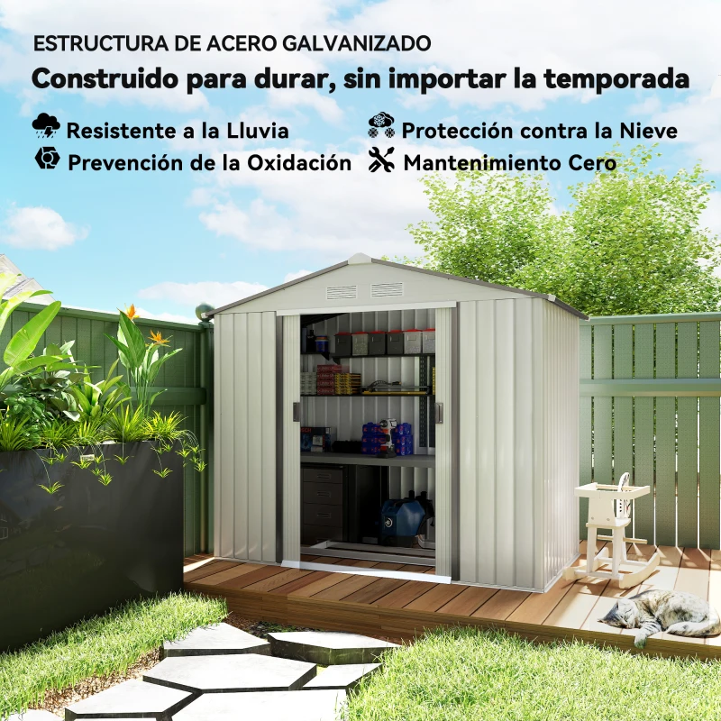 Outsunny Caseta de Jardín 213x130x185 cm Cobertizo Metálico de Exterior para Almacenamiento de Herramientas Blanco
