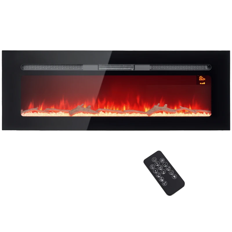 HOMCOM Șemineu Electric Încastrabil cu Telecomandă, Flacără Reglabilă, Temporizator și Termostat, 127x15,8x45 cm, Negru