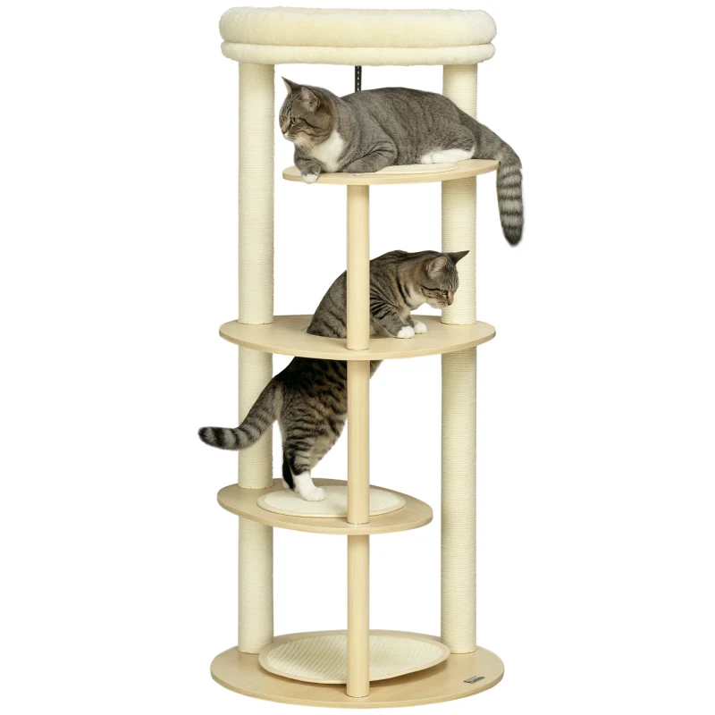 PawHut Árbol Rascador para Gatos de Madera con Múltiples Plataformas Cama Desmontable y Cojines Ø54x123,5 cm Roble