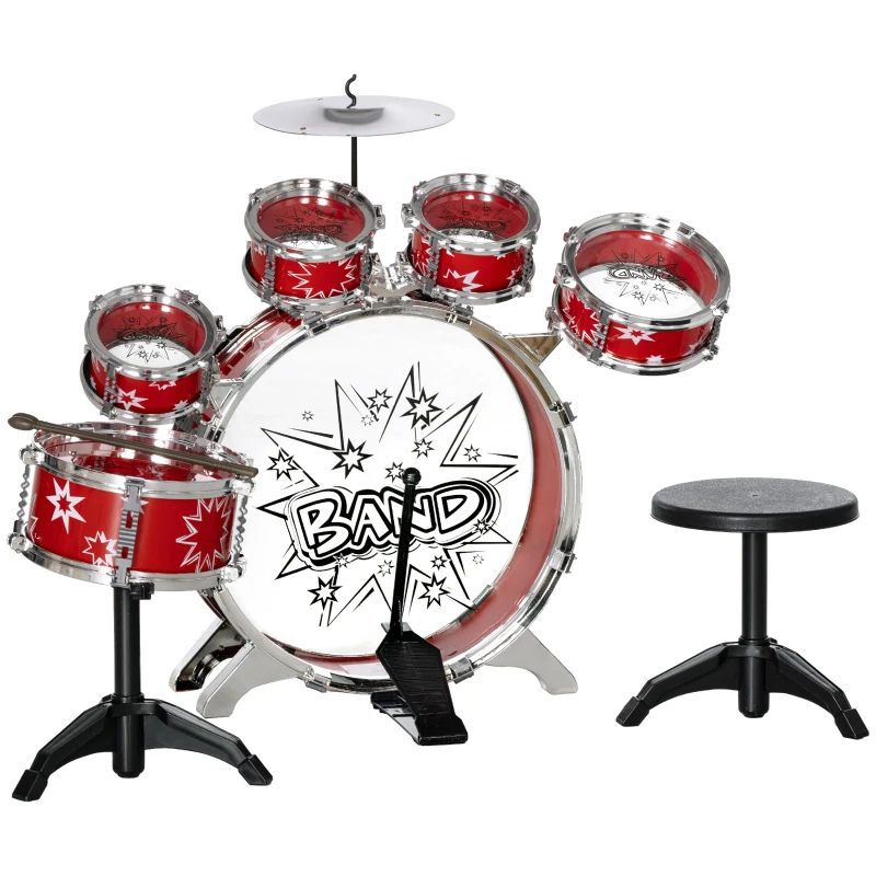 AIYAPLAY Batería para Niños de +3 Años con Tambores Bombo Platillo Pedal y Baquetas Diseño con Tema de Estrellas 65x22x57 cm Rojo