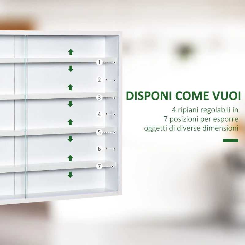 HOMCOM Vetrina Espositiva da Parete a 4 Ripiani Regolabili, Vetrinetta per Collezionismo, Bacheca Espositore a Muro per Oggetti da Collezione, in Vetro e Truciolato, 80x9.5x60 cm, Bianco