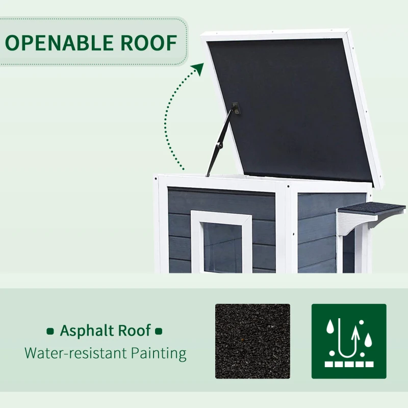 PawHut® kattenhuis 2 verdiepingen kattenvilla met trappen asfaltdak raam vurenhout grijs 51 x 51 x 81,3 cm(m-4)