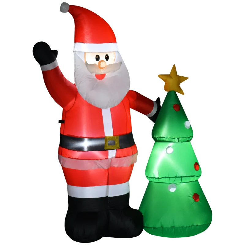 HOMCOM Papá Noel Inflable con Árbol de Navidad con 3 Luces LED e Inflador Eléctrico Decoración Navideña para Exteriores Interiores 124x62x150 cm Multicolor