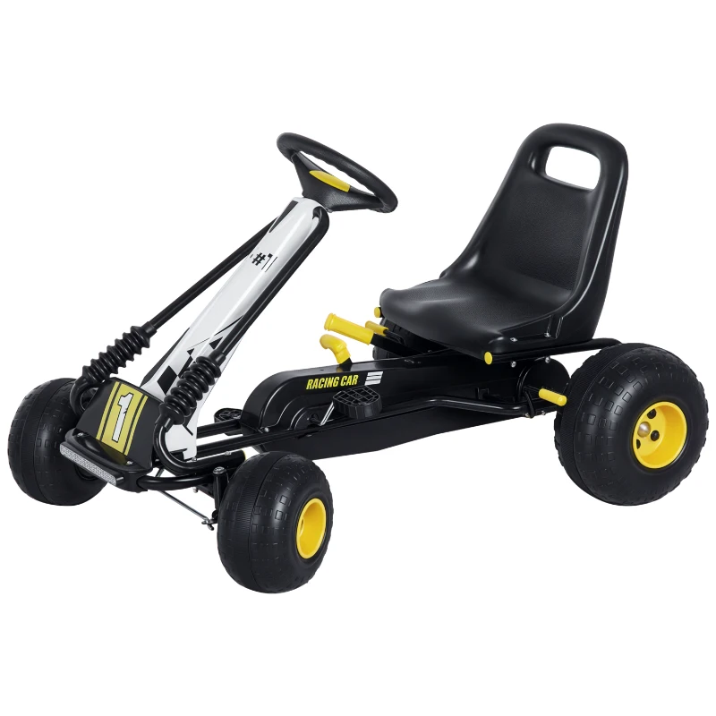 HOMCOM Gokart mit verstellbarem Sitz Tretauto Tretfahrzeug mit Handbremse Pedal Gokart Pedalfahrzeug ab 3 Jahre Kinder Schwarz 95 x 66,5 x 57 cm