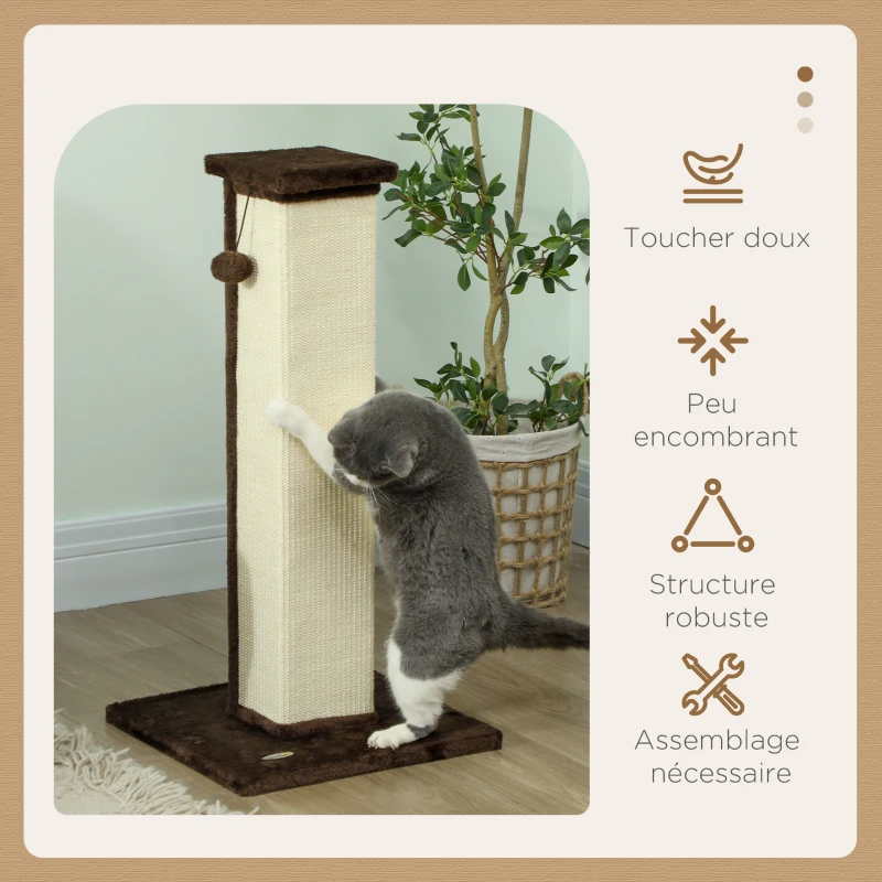 PawHut Griffoir pour chat poteau griffoir chat en sisal et peluche, boule suspendue base stable 41 x 41 x 81 cm marron et crème