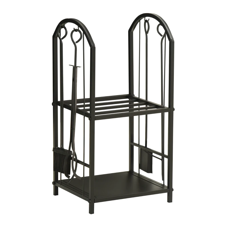 Outsunny Porte-bûches range bûches 2 niveaux étagère à bois de cheminée serviteur de cheminée multi-accessoires 2 étagères dim. 41,5L x 32,5l x 74,5H cm métal noir