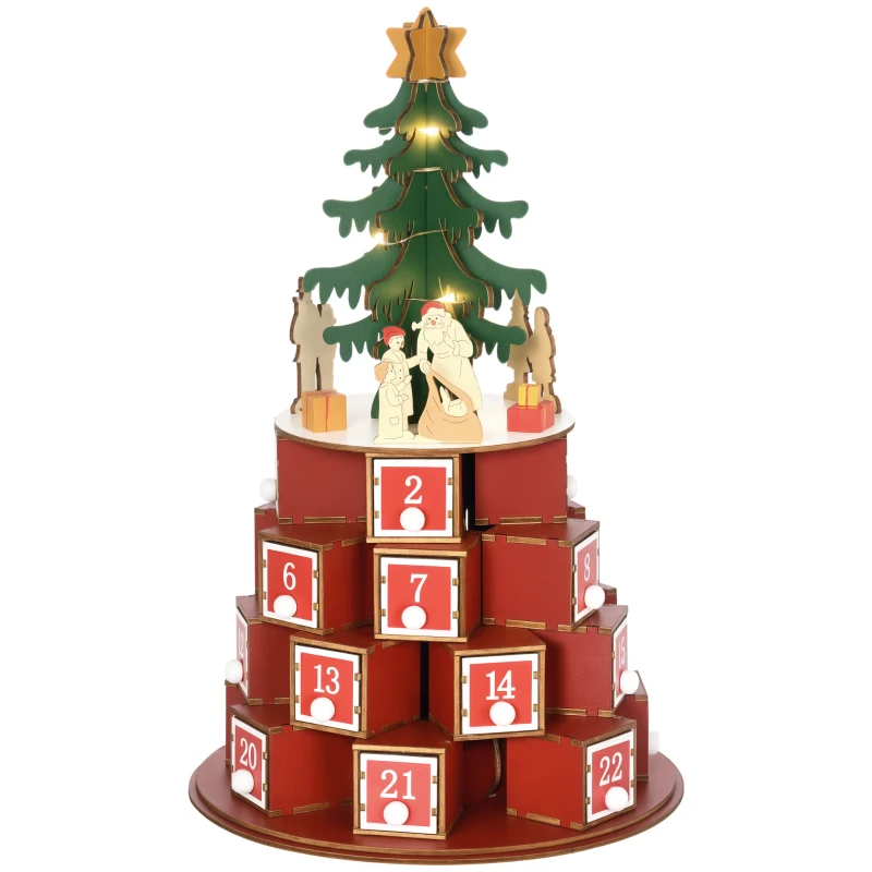 HOMCOM Calendario Avvento di Natale a Cono con Motivi a Tema e 10 Luci a LED, 22x22x35 cm, in Compensato, Rosso Verde e Giallo