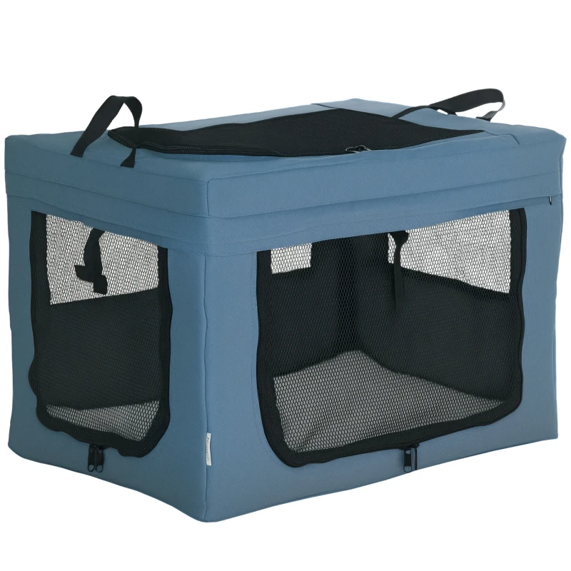 PawHut Transportadora para Cães e Gatos Portátil Dobrável com 3 Portas e Almofada Suave 60x42x42 cm Azul