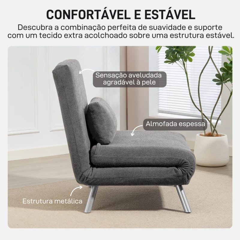 HOMCOM Sofá Cama Individual 3 em 1 Poltrona Cama Dobrável com Encosto Ajustável de 5 Níveis e Almofada 80x75x83 cm Cinzento
