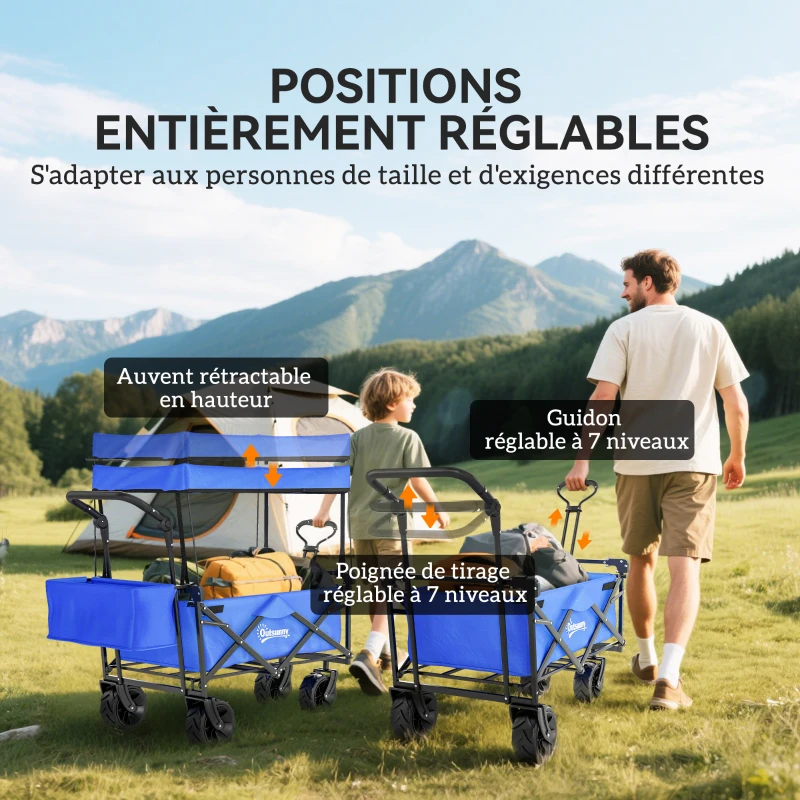 Outsunny Chariot pliant avec toit, poignée, panier chariot de transport pliable tout-terrain acier noir Oxford bleu