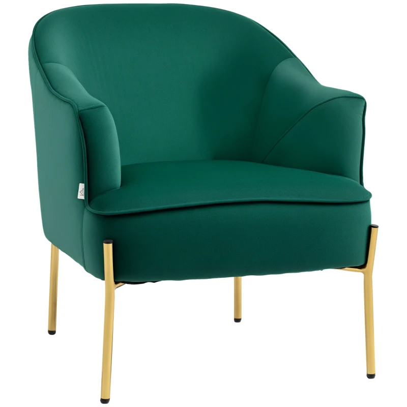 Fotoliu dormitor din material textil cu efect catifea HOMCOM cu picioare din otel auriu, 62x69x75 cm, verde