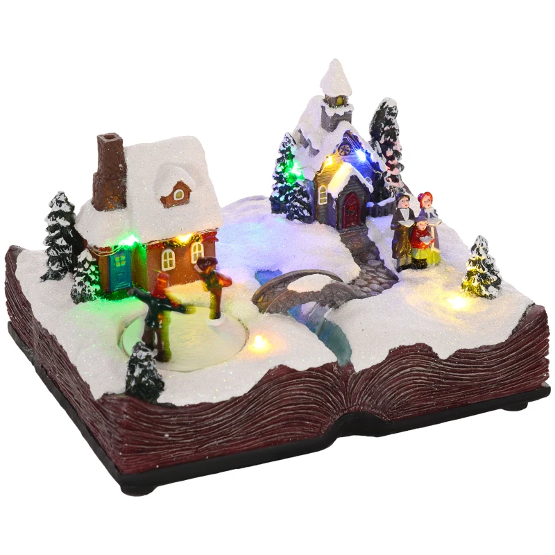 HOMCOM Pueblo Navideño Escena Navideña con Luces y Música Patinadores Giratorios Decoración de Navidad 23x18x15 cm Multicolor