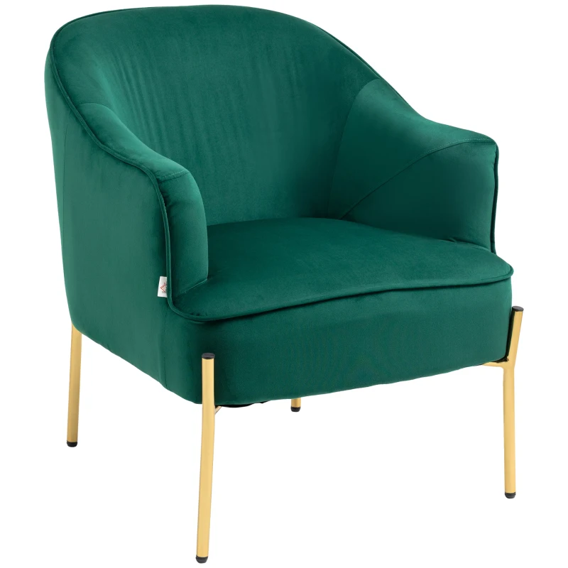 Fotoliu dormitor din material textil cu efect catifea HOMCOM cu picioare din otel auriu, 62x69x75 cm, verde