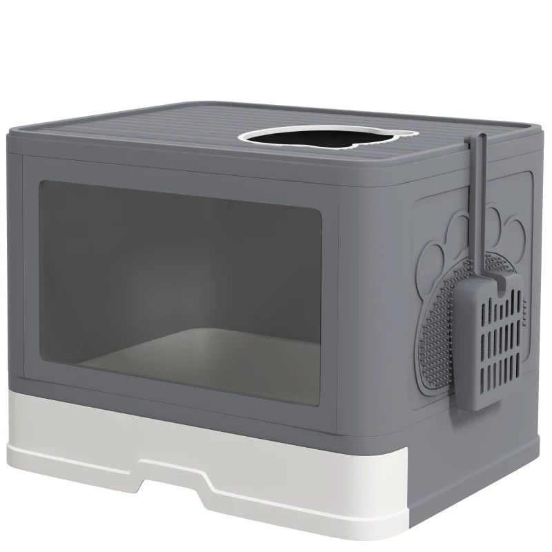PawHut Arenero para Gatos Cubierto con Pala Cepillo 2 Puertas Entrada Principal y Salida Superior 48,5x38x36,5 cm Gris