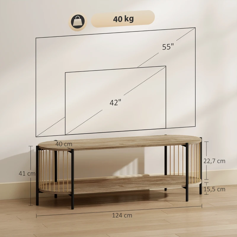 HOMCOM Meuble TV Style Bohème jusqu'à 55 Pouces avec Design en Corde de Papier et 2 Étagères Ouvertes 124x43,5x41 cm Naturel