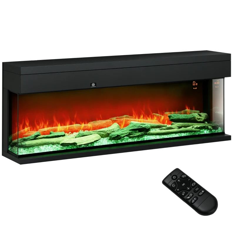 HOMCOM Șemineu Electric Încorporabil cu Efect de Flăcări 3D, Oprire Automată și Termostat, 127x26x50 cm, Negru
