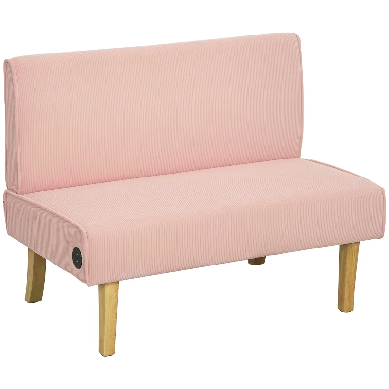 HOMCOM Sofá de 2 Lugares Estofado em Veludo Cotelê Sofá Sala de Estar com 2 Entradas USB 1 Entrada Tipo C 110x60x85 cm Rosa