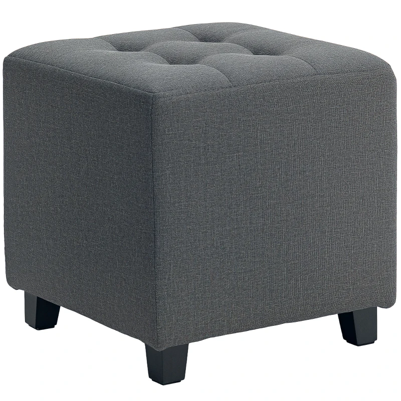 HOMCOM Reposapiés de Salón Taburete Bajo Tapizado en Lino con Bolsillo Lateral y Tapa con Botones Acolchados Gris