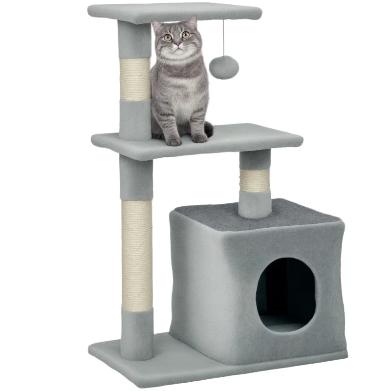 PawHut Tiragraffi per Gatti con Casetta, 2 Piattaforme e Pallina, in Legno, Sisal e Peluche, 50x30x81.5 cm, Grigio