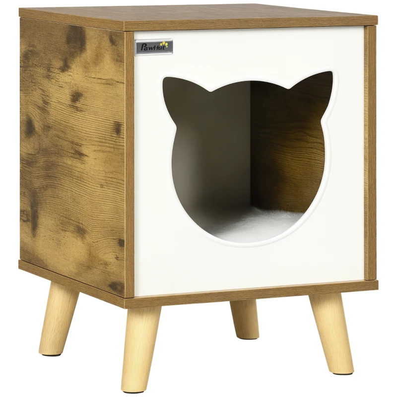 PawHut Caseta de Madera para Gatos Casa para Gatos Interior con Cojín Lavable y Patas Elevadas 34x34x44,5 cm Marrón