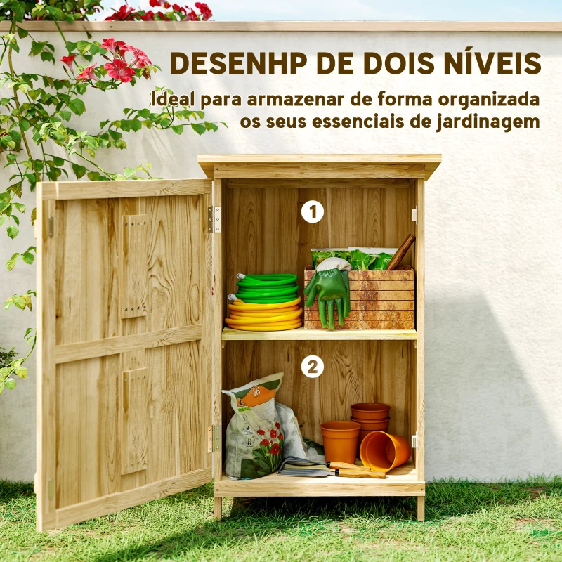 Outsunny Armário de Jardim em Madeira 63,5x40x90 cm Armário de Exterior para Armazenamento de Ferramentas com 2 Prateleiras Madeira