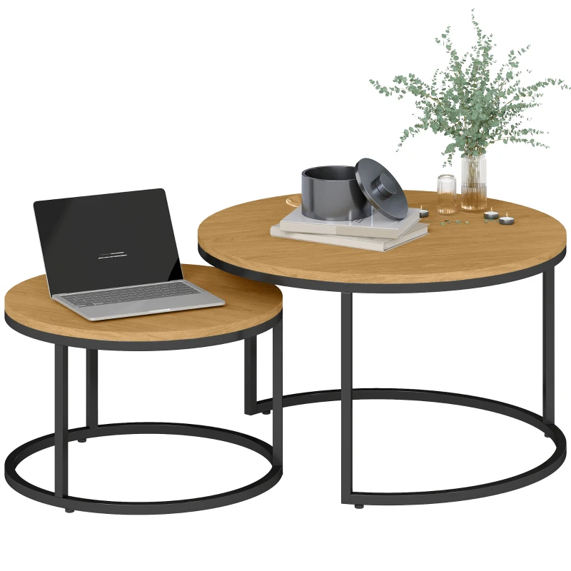 HOMCOM Set di 2 tavoli bassi ad incastro design industriale piano effetto cemento gambe in metallo marrone