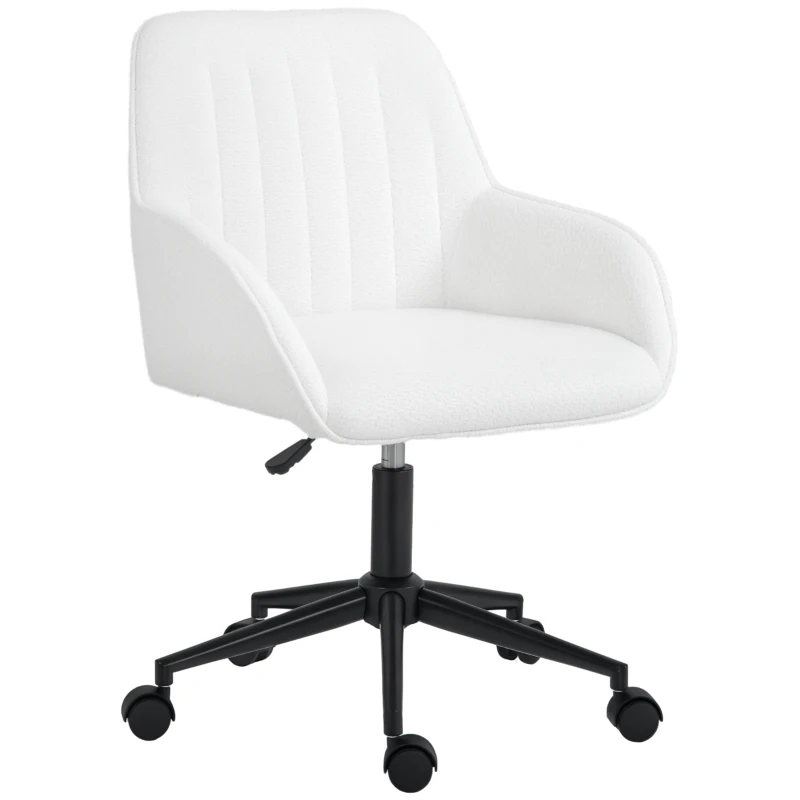 HOMCOM Scaun de Birou din Material Textil cu Înălțime Reglabilă, Scaun de Birou Pivotant cu Cotiere și Rotile, 58x58x83-93 cm, Alb