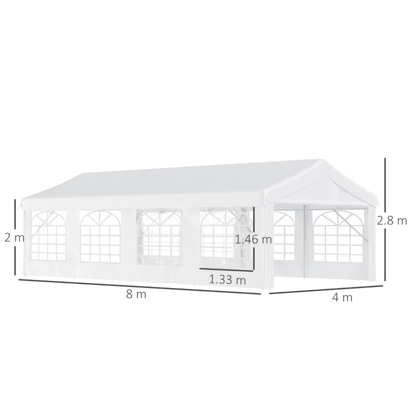 Outsunny Gazebo da Giardino 8x4m in Acciaio con Pareti Rimovibili e Finestre Trasparenti, Bianco
