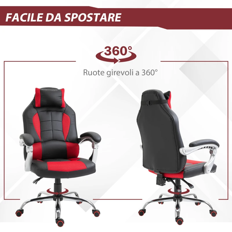 HOMCOM Sedia da Gaming Reclinabile con Supporto Lombare e Poggiatesta in Pelle PU, Rosso e Nero