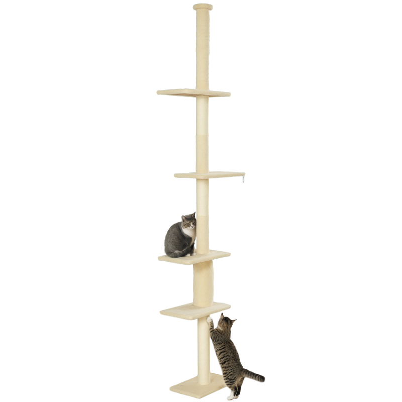 PawHut Arranhador para Gatos do Chão ao Teto 225-275 cm Torre para Gatos com Múltiplas Plataformas Sistema Anti-Tombo Creme
