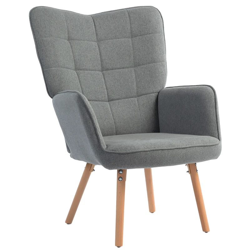 HOMCOM Butaca de Dormitorio con Respaldo Alto Reposabrazos Tela de Lino y Patas de Madera para Sala de Estar 71x76x101 cm Gris